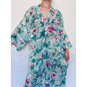 Inner Most | Vintage 80s Turquoise Floral Long Sheer Robe